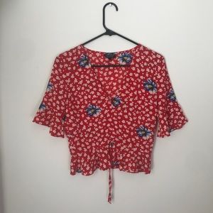 Topshop red floral ruched front top